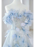 Blue Off Shoulder Sequins Floral Long Prom Dress Birthday Gown HZ0319