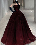 Stunning Burgundy Strapless A-Line Tulle Long Prom Dress Birthday Gown HZ0319