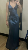 Dark Teal V Neck Halter Mermaid Satin Long Prom Dress HZ0319