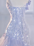 Light Lilac One Shoulder Tulle Sequin Mermaid Long Party Dress HZ0319