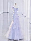Light Lilac One Shoulder Tulle Sequin Mermaid Long Party Dress HZ0319