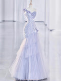 Light Lilac One Shoulder Tulle Sequin Mermaid Long Party Dress HZ0319