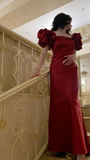 Wine Red Short Sleeves Sheath Satin Long Evening Party Dress HZ0319