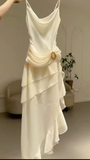 Elegant Ivory Spaghetti Straps Sheath Ruffles Vintage Long Party Dress HZ0319