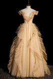 Champagne Off Shoulder A-Line Tulle Long Formal Party Gown HZ0319