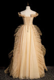 Champagne Off Shoulder A-Line Tulle Long Formal Party Gown HZ0319