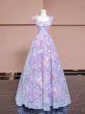Light Purple Straps A-Line Lace Sequins Floral Long Formal Party Dress HZ0319