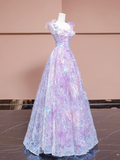 Light Purple Straps A-Line Lace Sequins Floral Long Formal Party Dress HZ0319