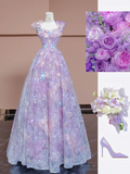 Light Purple Straps A-Line Lace Sequins Floral Long Formal Party Dress HZ0319