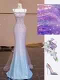 Pink Gradient Spaghetti Straps Mermaid Beads Long Formal Party Dress HZ0319