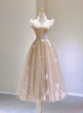 Champagne Straps A-Line Tulle Lace Midi Party Dress Homecoming Dress HZ0319