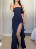 Navy Blue Strapless Sheath Long Party Dress with Split HZ0319