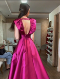 Fuchsia V Neck A-Line Satin Long Formal Party Dress Evening Gown HZ0319