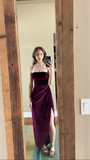 Burgundy Straps Velvet Sheath Long Formal Party Dress Evening Gown HZ0319