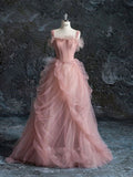 Pink Straps Tulle A-Line Long Formal Party Dress Evening Gown HZ0319