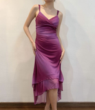 Shiny Purple V Neck Straps Sheath Vintage Party Dress Evening Gown HZ0319