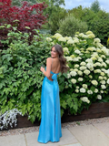 Elegant Blue V Neck Spaghetti Straps Sheath Long Party Dress HZ0319