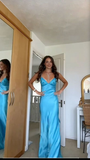 Elegant Blue V Neck Spaghetti Straps Sheath Long Party Dress HZ0319