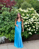 Elegant Blue V Neck Spaghetti Straps Sheath Long Party Dress HZ0319