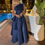 Navy Blue One Shoulder A-Line Satin Long Formal Evening Party Dress HZ0319