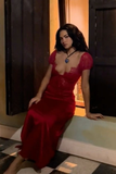 Sexy Red V Neck Lace Satin Long Evening Party Dress with Short Sleeves HZ0319