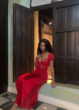 Sexy Red V Neck Lace Satin Long Evening Party Dress with Short Sleeves HZ0319