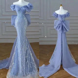 Blue Off Shoulder Mermaid Sequins Long Formal Evening Gown HZ0319