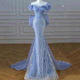 Blue Off Shoulder Mermaid Sequins Long Formal Evening Gown HZ0319