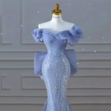 Blue Off Shoulder Mermaid Sequins Long Formal Evening Gown HZ0319