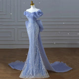 Blue Off Shoulder Mermaid Sequins Long Formal Evening Gown HZ0319