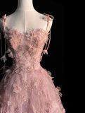 Pink Straps A-Line Tulle Floral Long Formal Evening Gown HZ0319