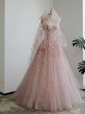 Pink Straps A-Line Tulle Floral Long Formal Evening Gown HZ0319
