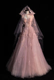 Pink Straps A-Line Tulle Floral Long Formal Evening Gown HZ0319