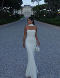 Elegant White Strapless Mermaid Satin Long Party Dress Evening Gown HZ0319