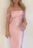 Lovely Pink Off Shoulder Sheath Satin Party Dress Wedding Guest Dress HZ0319