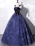 Navy Blue Straps A-Line Velvet Long Formal Evening Gown HZ0319