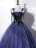 Navy Blue Straps A-Line Velvet Long Formal Evening Gown HZ0319