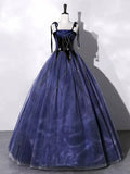 Navy Blue Straps A-Line Velvet Long Formal Evening Gown HZ0319