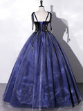 Navy Blue Straps A-Line Velvet Long Formal Evening Gown HZ0319