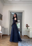 Navy Blue Straps A-Line Lace Long Prom Dress Evening Gown HZ0319