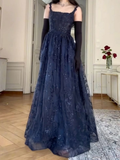 Navy Blue Straps A-Line Lace Long Prom Dress Evening Gown HZ0319