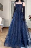 Navy Blue Straps A-Line Lace Long Prom Dress Evening Gown HZ0319