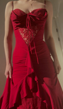 Red Spaghetti Straps Sheath Lace Long Prom Dress Evening Gown HZ0319
