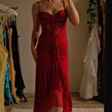 Red Spaghetti Straps Sheath Lace Long Prom Dress Evening Gown HZ0319
