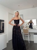 Black Spaghetti Straps A-Line Long Prom Dress Evening Gown HZ0319
