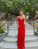 Red Spaghetti Straps Sheath Ruffles Long Prom Dress Evening Gown HZ0319
