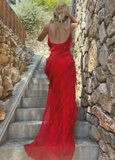 Red Spaghetti Straps Sheath Ruffles Long Prom Dress Evening Gown HZ0319