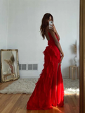 Red Spaghetti Straps Sheath Ruffles Long Prom Dress Evening Gown HZ0319
