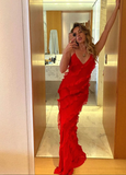 Red Spaghetti Straps Sheath Ruffles Long Prom Dress Evening Gown HZ0319