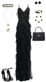 Black Spaghetti Straps Sheath Ruffles Long Prom Dress Evening Gown HZ0319